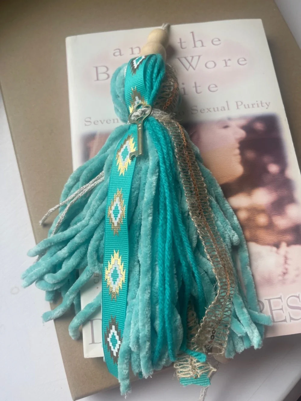 Teal Tassel Charm with Patterned Ribbon - Picture 3 of 4